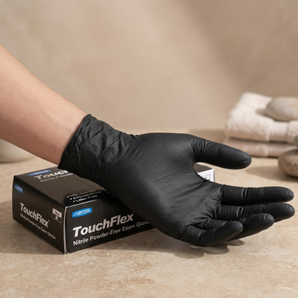 Gant nitrile noir jetable non poudré porté à la main pour soins et examen