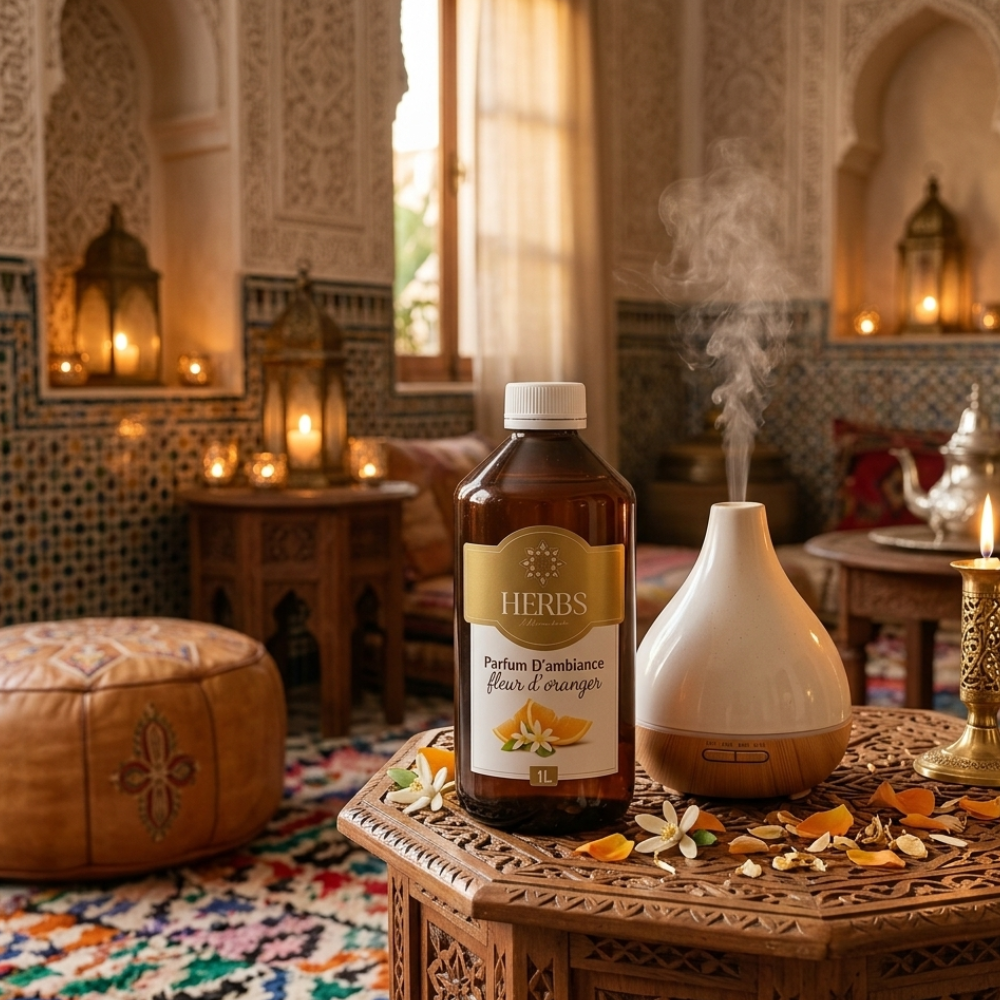 Diffusion de parfum fleur d'oranger dans un espace d'accueil de spa au Maroc