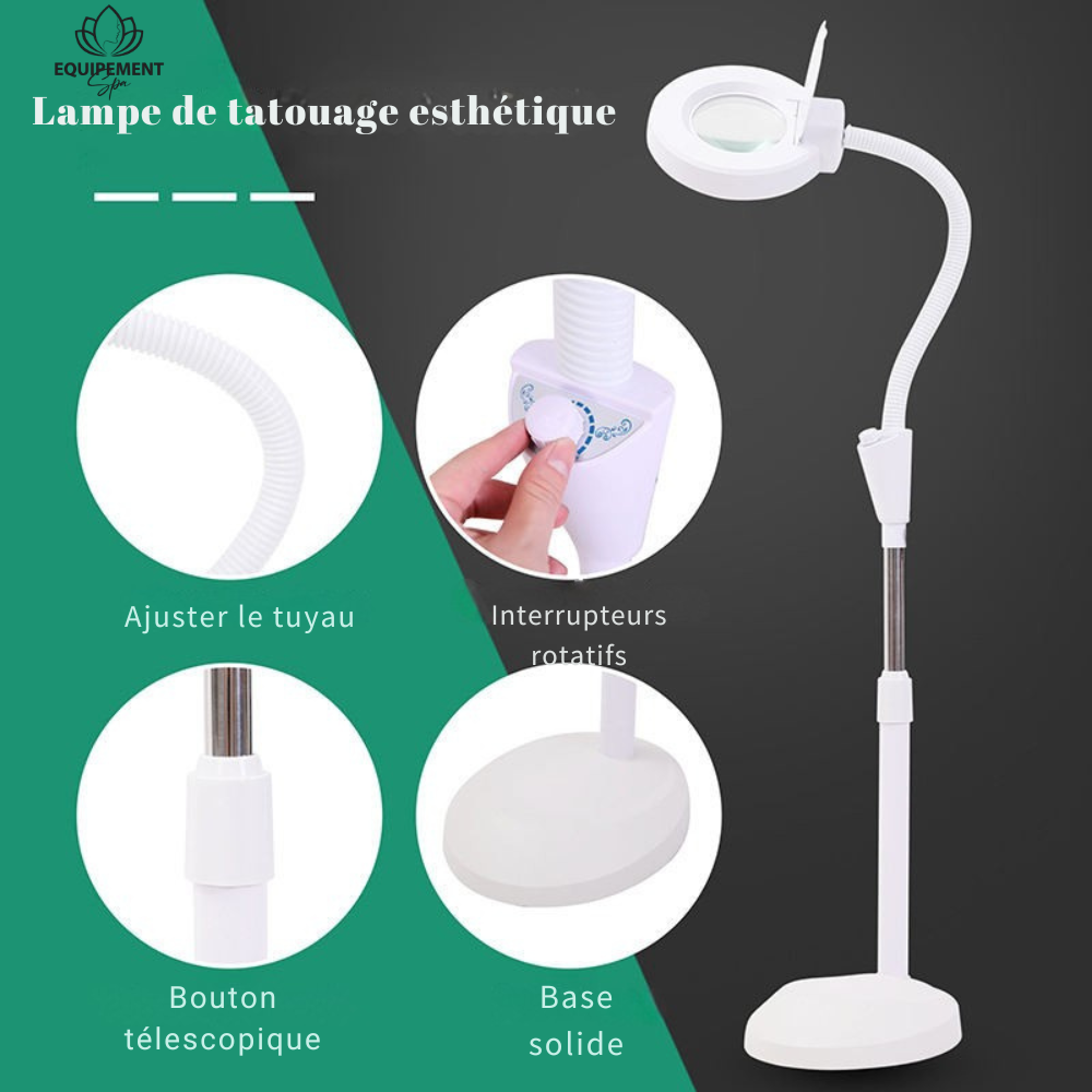 Lampe loupe LED sur pied réglable avec bras flexible base stable et réglage luminosité