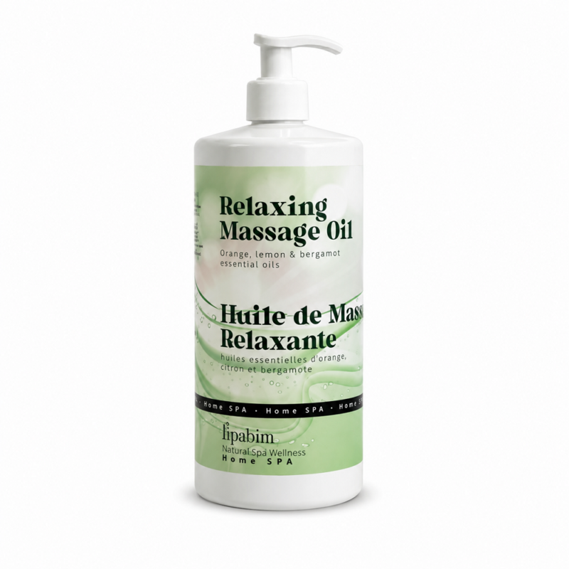 Huile de massage relaxante orange citron bergamote sur argan — soin professionnel spa et hammam Maroc — equipementspa.com