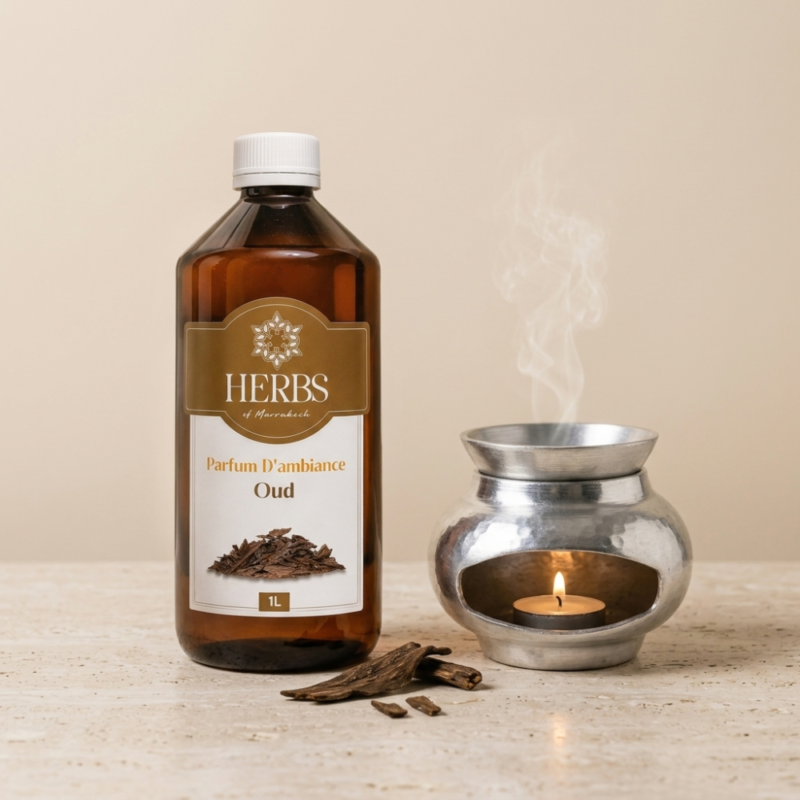 Parfum d'ambiance oud 1L HERBS avec brûle-parfum, usage professionnel spa et riad au Maroc — equipementspa.com