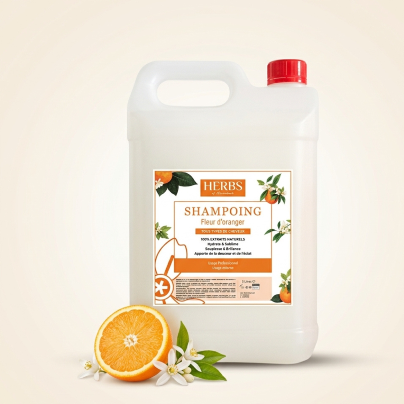 Shampoing 5 litres professionnel à la fleur d'oranger pour salon de coiffure et hammam